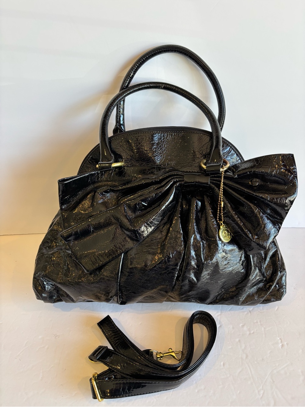 Big Buddha Black Patent Bow Satchel Handbag - Women Bags
